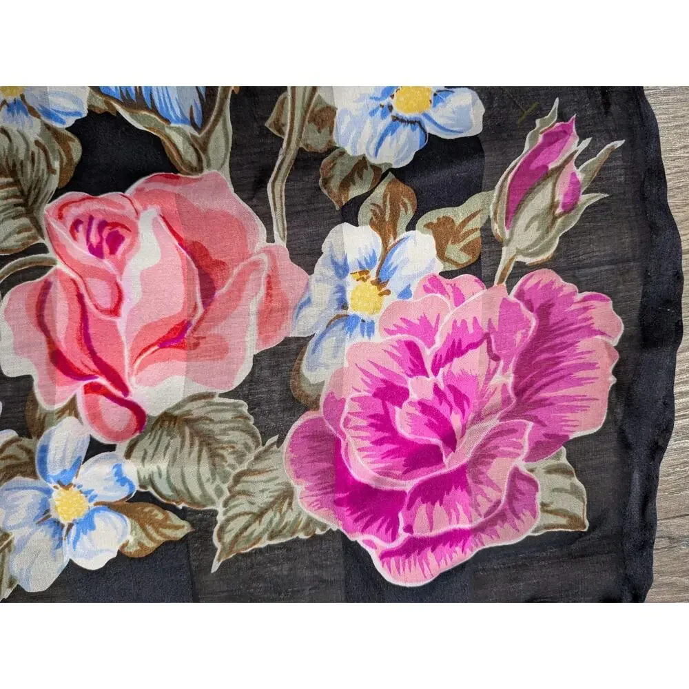 Black Floral Scarf Sheer Hair Festival Rodeo Boho Roses Iris Lily Oblong